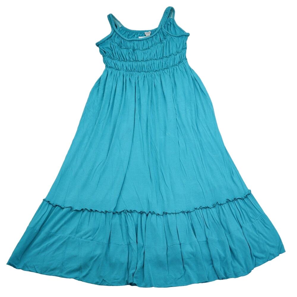 Charming Charlie Dress M Blue Long Fit Flare Sleeveless Pleated Knit Stretch